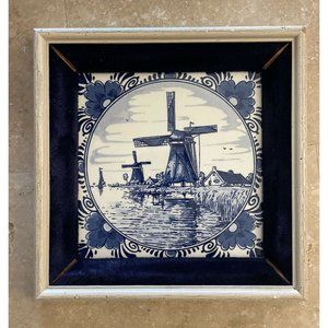 Vintage Blue Delft Holland Windmill Ceramic Wooden Tile Base Trivet Cheese Board